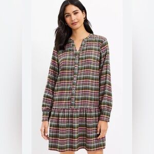 LOFT Multicolor Plaid Flounce Shirt Dress, colors green/pink/yellow, size MP